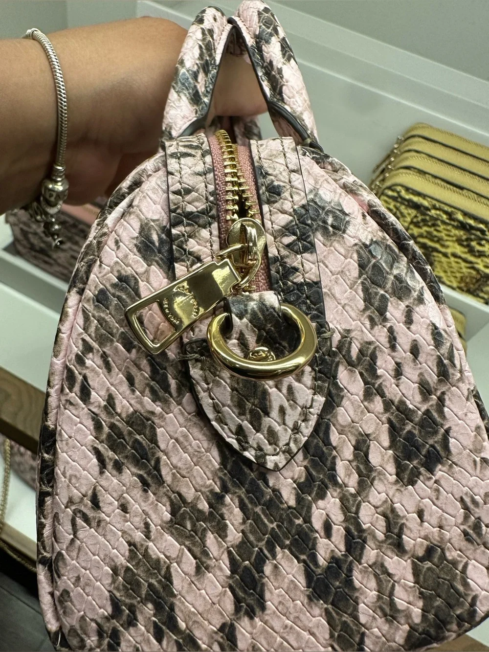NWT Coach Mini Rowan Crossbody Bag snake embossed leather/Gold/Pink